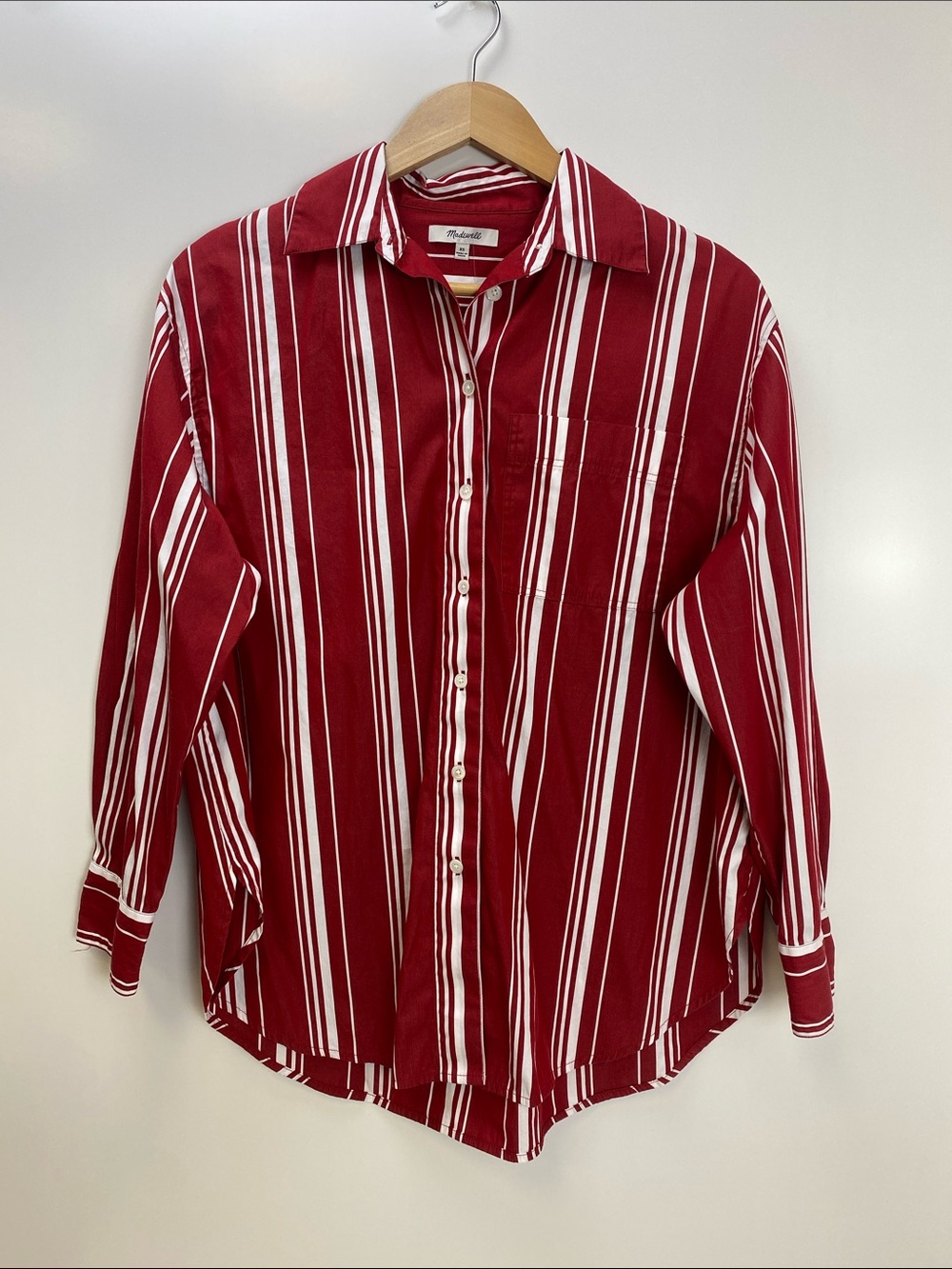 Madewell Red and White Vertical Stripe Button-Down Shirt